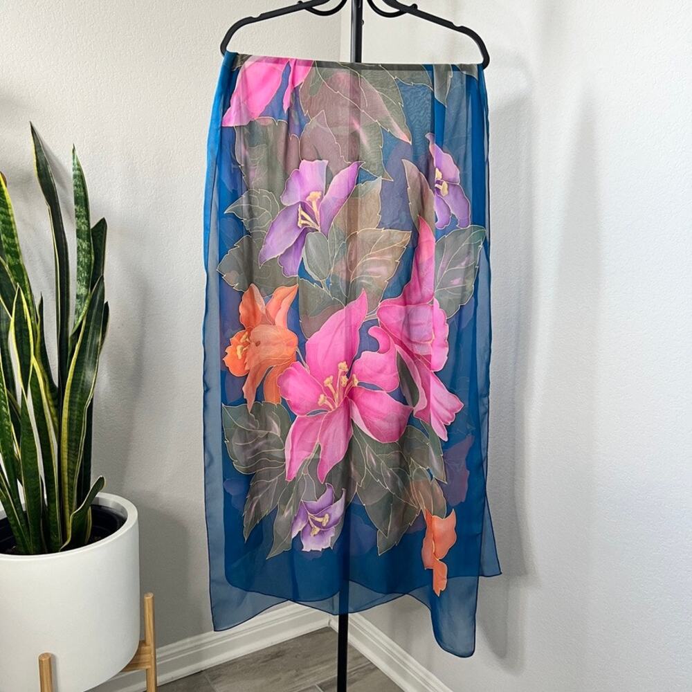 Lucy Maxym Collection Teal Floral Hand Painted 100% Silk Scarf